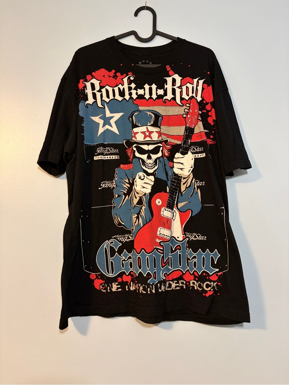 Men's Rock Graphic Short Sleeve Tee - Black with Red & Blue Print